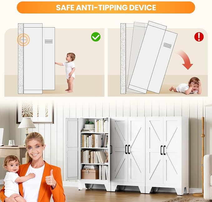 47.3" White Storage Cabinet with 2 Doors and 3 Adjustable Shelves, Metal Tall Kitchen Pantry cabinets, Modern Food Pantry Cabinet,4 Tier Freestanding Framed Panel Door Cupboard for Kitchen Dining Room