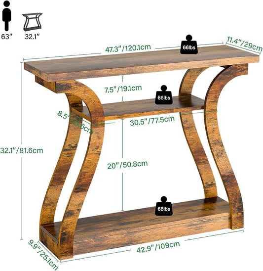Wooden Console Table with Curved Legs and Shelf, 3-Tier Modern Accent Narrow Sofa Table for Entrance Area, Living Room, Hallway, 47 in Wide Wood Console Table for Entryway (Rustic Brown)