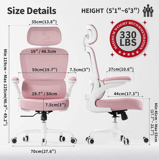 TRALT Ergonomic Office Chair - Desk Chair with Adjustable Headrest Lumbar Support Computer Chair - Mesh Comfy Chair with Flip-up Armrests - Gaming Chairs for Adults Home Office (Leather, Pink)
