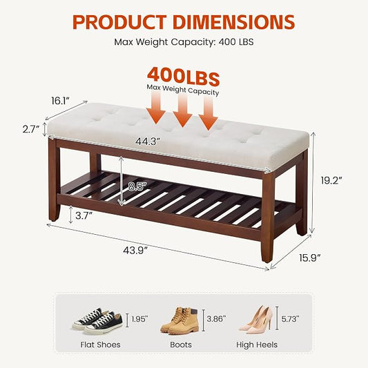 HUBSON 44" Entryway Shoe Bench, Upholstered End of Bed Bench with Solid Wood Shelf, Button Tufted Shoe Bench for Bedroom, Hallway, Living Room, Beige