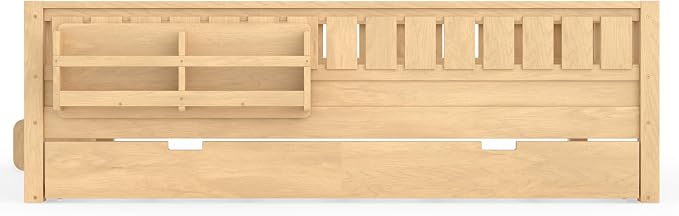 Bellemave Queen Kids Montessori Bed with Stairs, Bookshelf and Trundle, Solid Wood Kids Bed Frame with Storage for Boys Girls, Low Profile,Light Natural