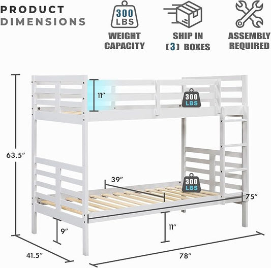 Lexicon Bunk Bed Twin Over Twin, Wooden Bed Frame with Sturdy Ladder and Safety Guard Rails, Modern Space-Saving Design, for Bedroom/Guest Room, No Box Spring Needed, White