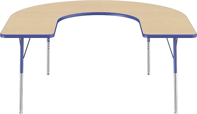 FDP Horseshoe Activity School and Office Table (60 x 66 inch), Standard Legs with Swivel Glides for Collaborative Seating Environments, Adjustable Height 19-30 inches - Maple Top and Blue Edge