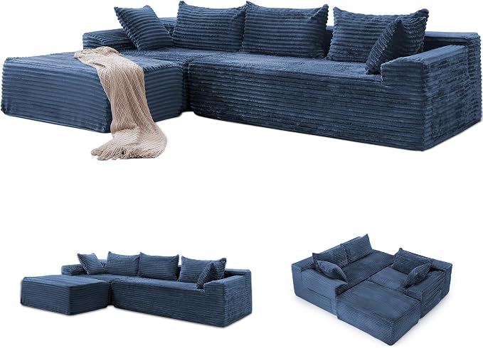 Korser 108" L-Shaped Modular Sectional Sofa with Chaise, Boneless Comfy Corduroy Fluffy Couch with Deep Seat and Side Pockets, Flexible Module Combination for Living Room, No Assembly, Side Pockets