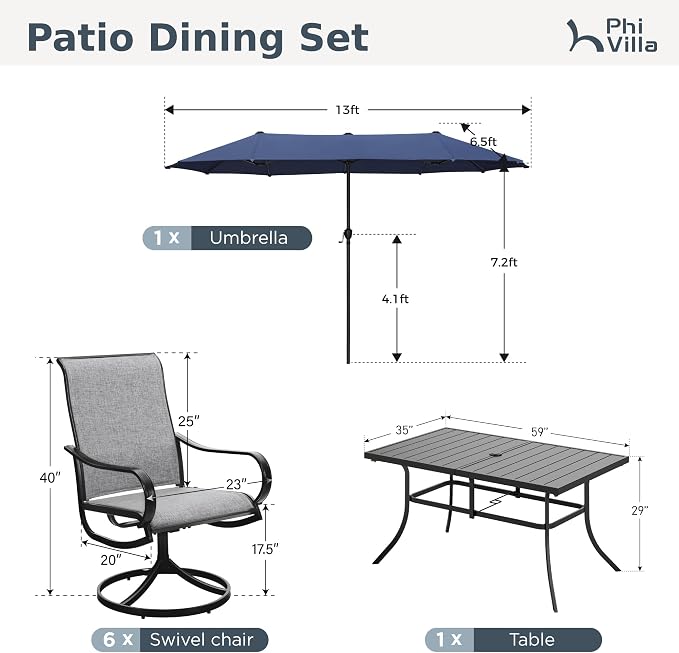 PHI VILLA 8 Piece Patio Dining Set with 13ft Patio Umbrella (Navy Blue), 6 Outdoor Swivel Dining Chairs & 1 Large Metal Dining Table for Deck Lawn Garden (No Umbrella Base)