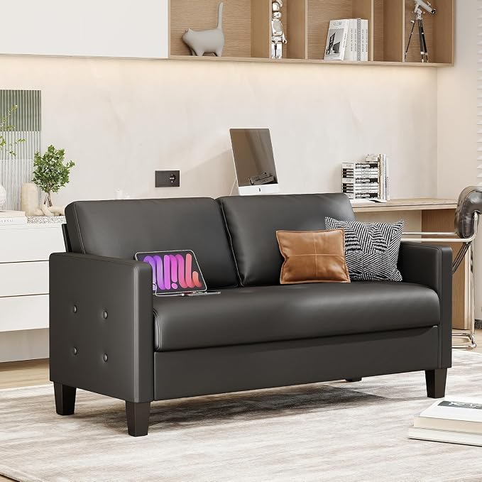 STHOUYN 59” Black Faux Leather Sofa Couch, Modern Comfy Office 2 Seater Couch Loveseat with USB & Tufted Armrest, Small Love Seat Couches for Living Room, Bedroom, Apartment