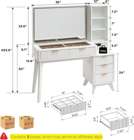 T4TREAM 48" Fluted Makeup Vanity Desk with Large 36" Mirror and Lights, Modern Glass Top Big Vanity Table with 5 Drawers & Adjustable Shelves, Dressing Table Set w/Charging Station for Bedroom, White