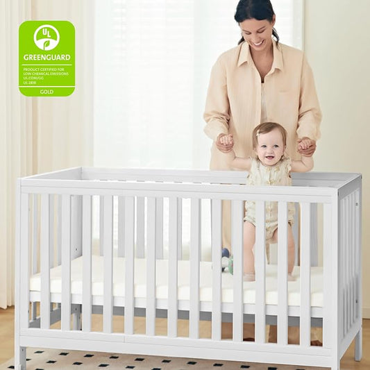 MAMAZING EvoNest Baby Crib, 11 in 1 Convertible Crib with Wheels, 100% New Zealand Wood Growing Bed, Full Size Crib for Baby, 4 Adjustable Mattress Height, White