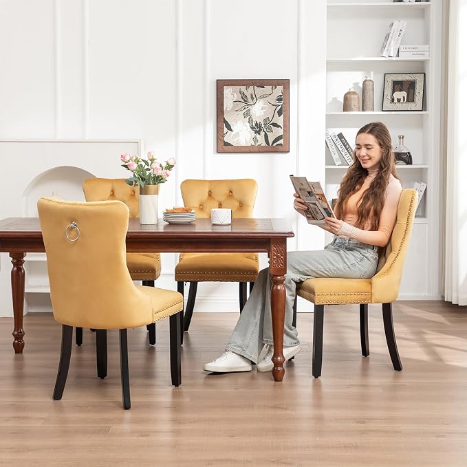Hixkol Velvet Dining Chairs Set of 4,Upholstered Dining Chairs with Ring Pull Trim and Button Back,Modern Seating for Kitchen, Bedroom & Living Room(Gold)