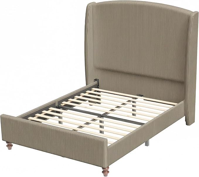 Queen Size Upholstered Bed Frame with 65.7" Tall Headboard Wingback, Soft Washable Corduroy Beds Cover, Solid Wood Legs, Noise-Free, No Box Spring Needed, Light Gray