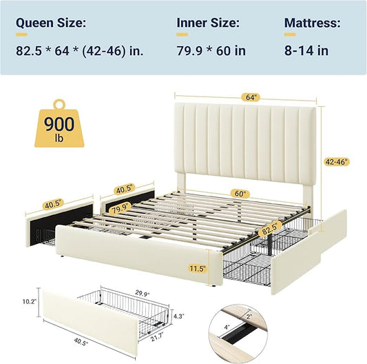 Allewie Queen Size Storage Bed Frame, Vertical Channel Tufted Adjustable Headboard, Velvet Upholstered Platform Bed with 4 Oversized Underbed Drawers, Wooden Slats Support, No Box Spring Needed, Cream