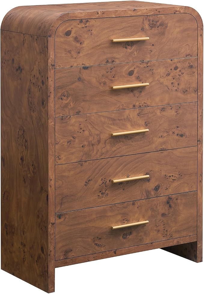 Curved 5 Drawer Dresser for Bedroom, 31'' Wide Chest of Drawers, Modern Storage Cabinet for Hallway & Living Room TV Stand, FSC Certified 1.18" Thick Board, 100 lbs Top Weight, Dark Burl