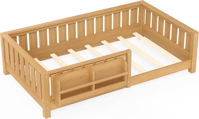 Bellemave Twin Floor Bed with Slats and Safety Guardrail, Twin Size Montessori Floor Bed with Fence and Built-in Bookshelf, Easy Assemble Montessori Beds for Kids, Girls, Boys, Light Natural
