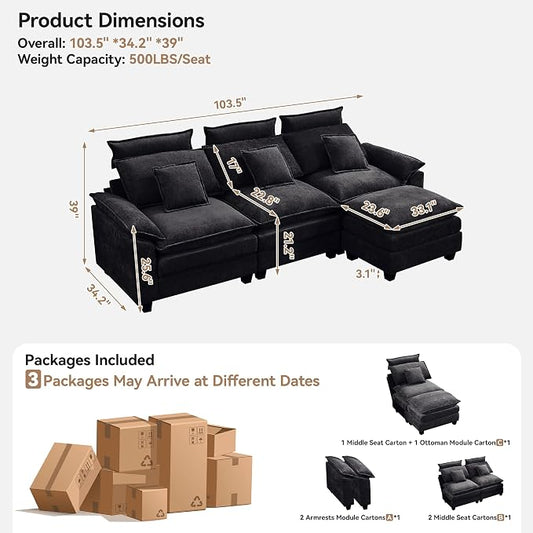 103'' Cloud Modern 3 Seater Couch with Detachable Headrest, Modular Sectional Sofa with Ottoman, Oversized L Shape Chenille Comfy Sofa with Armrests for Living Room, Dark Grey
