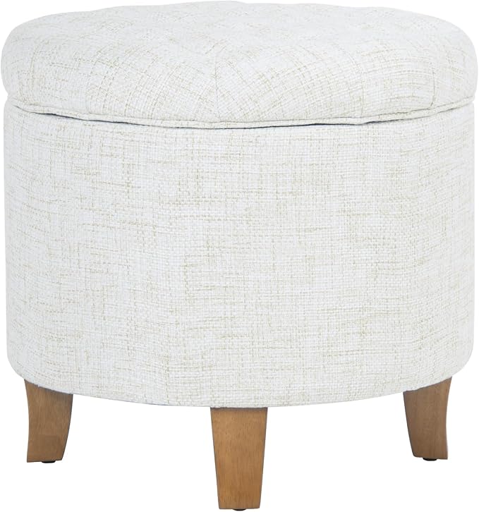 HomePop 19" Button Tufted Round Storage Ottoman - Cream Textured Solid