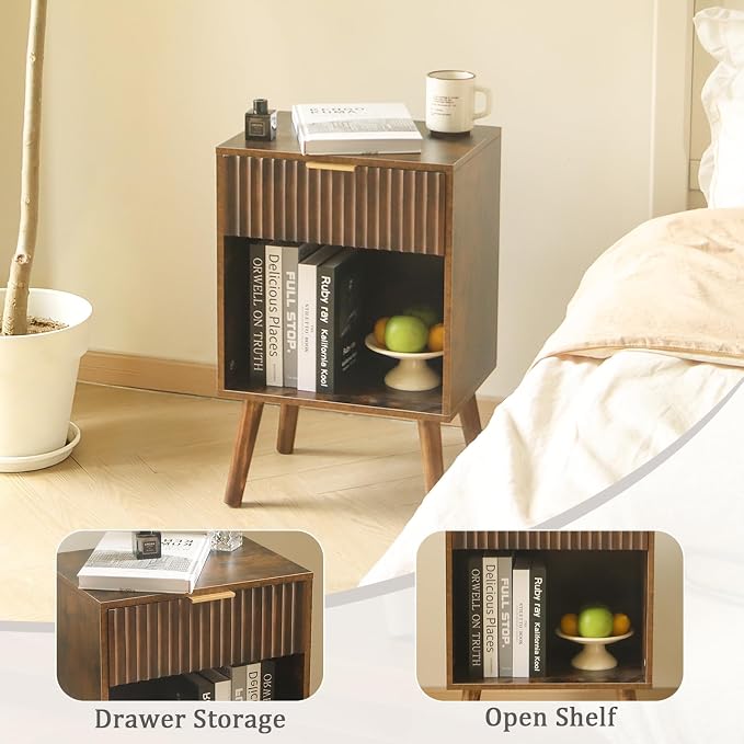Fultyle Mid Century Modern Nightstand with Charging Station, Modern Bedside Table with Fluted Drawer and Storage Shelf, End Side Tables Living Room for Bedroom, Office (Rustic Brown)