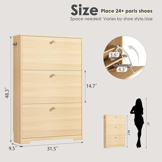 Nicetree Shoe Cabinet with 3 Flip Drawers,Freestanding Shoe Storage Cabinet, Narrow Shoe Organizer Cabinet, Farmhouse Slim Shoe Rack Cabinet for Entryway,Natural Oak with Hook