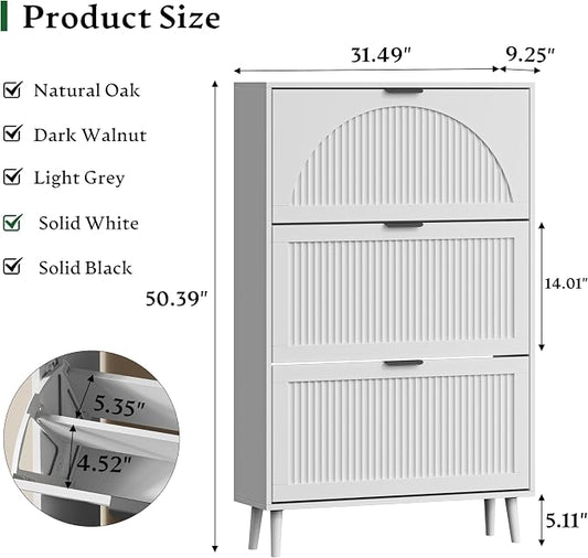 Xixini Shoe Storage Cabinet with 3 Flip Drawers, 50" Tall Narrow Wood Fluted Shoe Organizer for Entryway, Freestanding Wooden Hidden Slim Shoe Rack for Front Door Entrance, Hallway, Foyer, Solid White