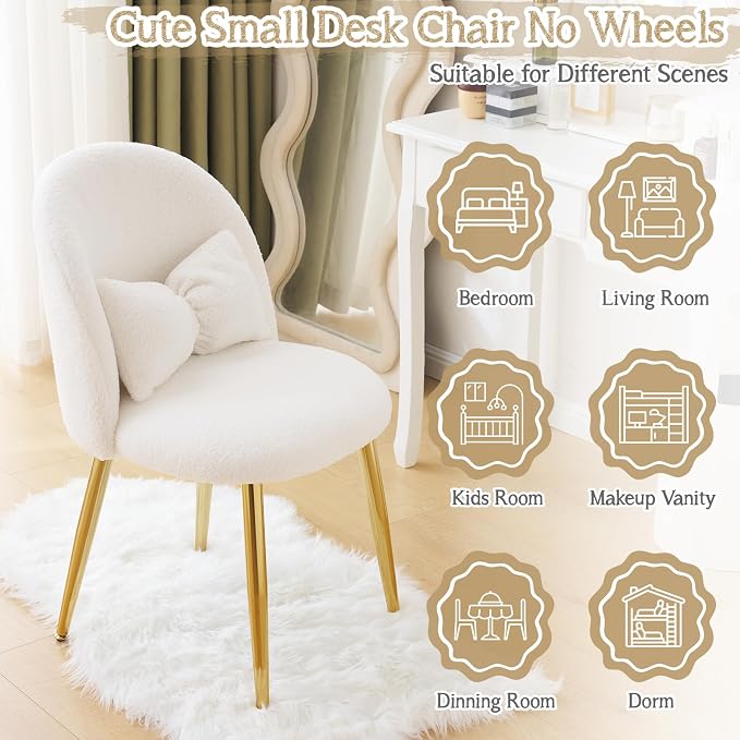 VINGLI Boucle Girls Vanity Chair with Back & Pillow,Cute Small Cozy Desk Chair No Wheels,Comfy Makeup Ch with Ajustable Gold Legs,for Bedroom,Living Room,Small Space,White