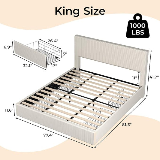 Garvee Corduroy Bed Frame with Headboard, Platform Upholstered King Size Bed Frame with 4 Storage Drawers and Wooden Slats Support, No Box Spring Needed, Beige