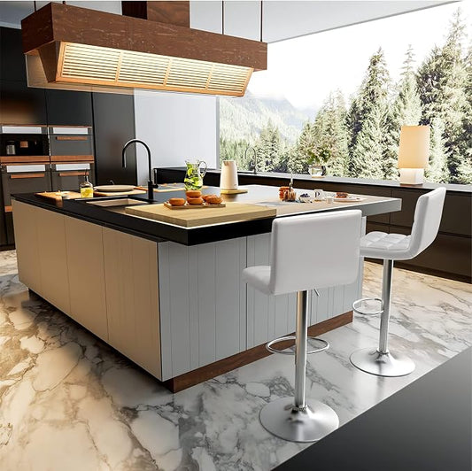 Homall Bar Stools Modern PU Leather Adjustable Swivel Barstools, Armless Hydraulic Kitchen Counter Bar Stool Extra Height Square Island Barstool with Back Set of 2 (Leather, White)