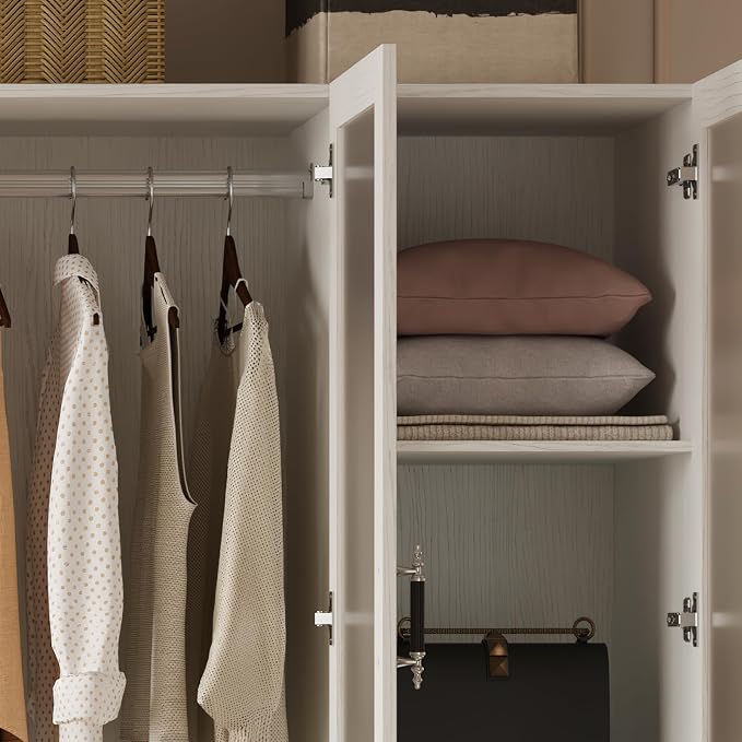 MEISSALIVVE 6 Door Armoire Wardrobe Closet with Frosted Glass Door, 70.9''H Clothing Storage Cabinet with Hanging Rod & 2 Drawers, Adjustable Shelves, Clothes Wardrobe Armoire for Bedroom, Wood Grain