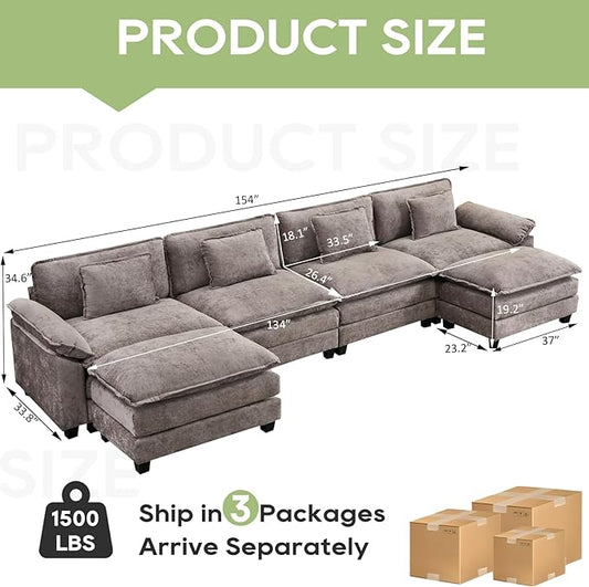 Oprisen 154" Modular Sectional Sofa, Comfy Cloud Couch Sectional Sofa with Ottoman, Chenille Sofa Sleeper Deep Seat Sofa with Throw Pillows for Living Room (Light Gray, 154"- U Shape)