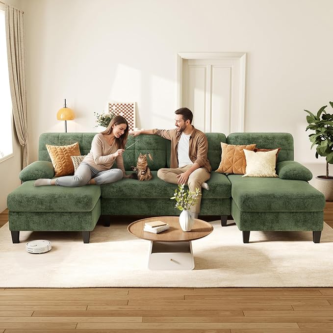 KKL U-Shaped Sectional Couch for Living Room | 112" Sectional Sofa with Double Chaise, Modern Sofa Deep Seat Couches for Living Room, Apartment, Office, Green