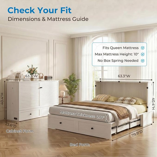 Mjkone 63" W Queen Size Murphy Bed Cabinet with Mattress & USB Charging Station, Modern Guest Beds Chest Cabinet Bed with Storage Drawer for Bedroom Home Apartment, White