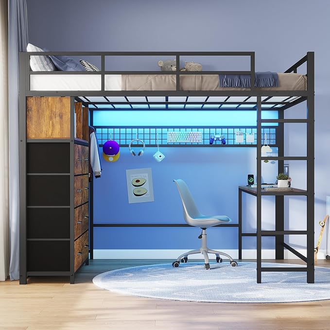 ADORNEVE Full Size Loft Bed with Desk and 8 Storage Drawers, LED Metal Loft Bed with Power Outlet, 2 Shelves & Clothing Rack, Bed with Safety Guardrail & Ladder,Space-Saving, Rustic Brown