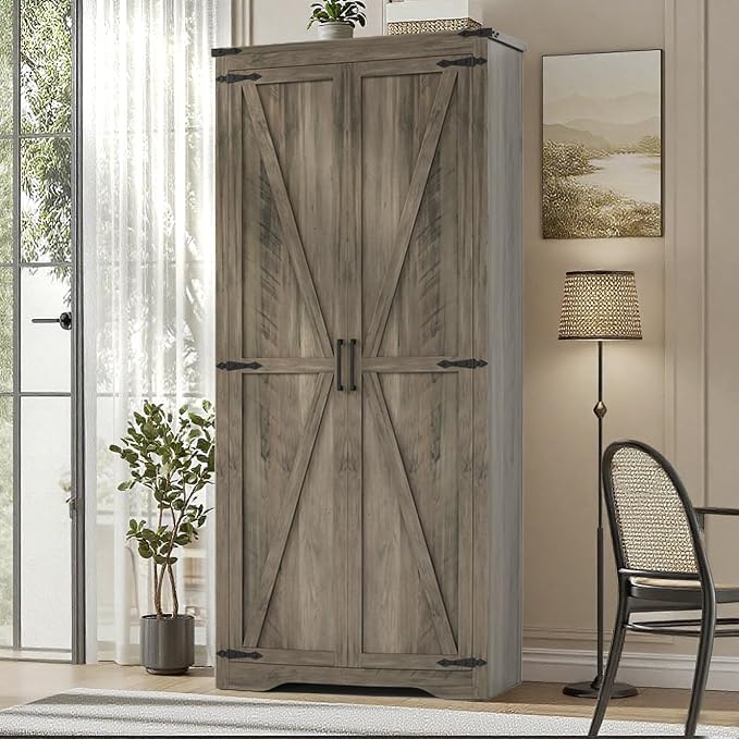 Befrases Farmhouse Rustic Grey Storage Cabinet with Adjustable Shelves, Large Pantry Organize with 2 Barn Doors, Tall Freestanding Cabinet for Kitchen, Bathroom, Garage, Living, Utility Room