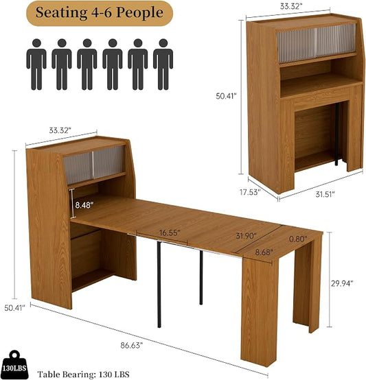 HIPIHOM 86.6" Extendable Dining Table for 4-6, MDF, Storage Cabinet | Retractable Console Table, Storage Cabinet for Kitchen or Dining Room, Ideal for Small Space, Apartment, Family Meal