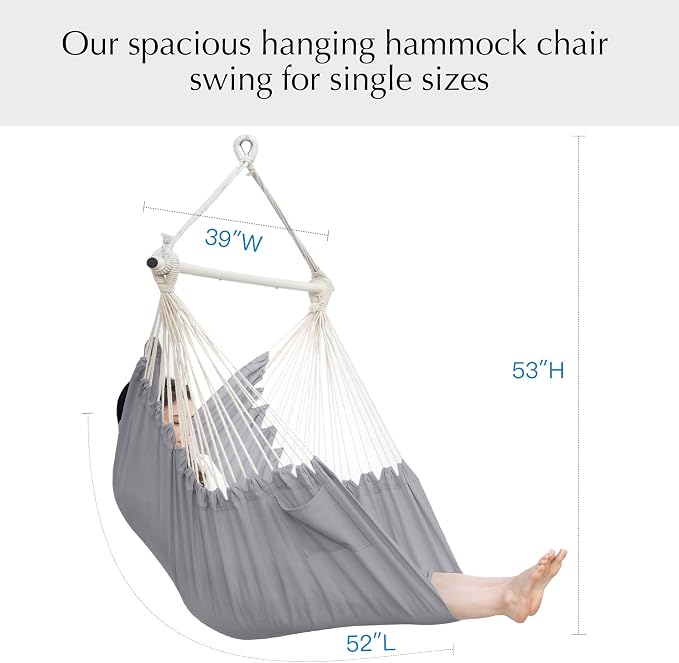 PNAEUT Hammock Chair Hanging Rope Swing for Outside Indoor for Bedroom, Outdoor, Patio (Gray)