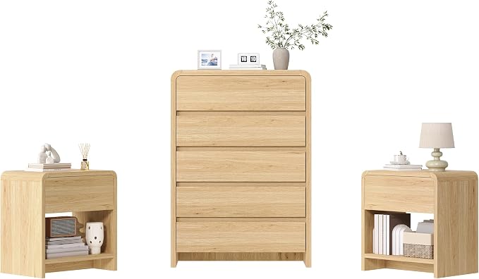 AMERLIFE Modern 3-Piece Bedroom Furniture Set with 5-Drawer Dresser and 2 Nightstands, Large Storage Capacity, Rounded Corners, Flexible Combination Design, Anti-Tip Kit Included, Light Oak