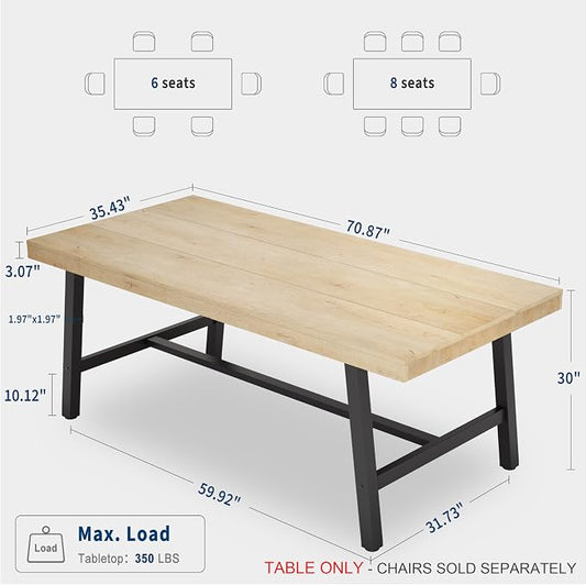 GarveeHome Industrial Dining Table for 6-8 People, 70.87" Long Large Kitchen Table with Sturdy Metal Frame, Rectangular Counter for Dinner, Kitchen, Dining Room (Natural, 71" Non-extendable)