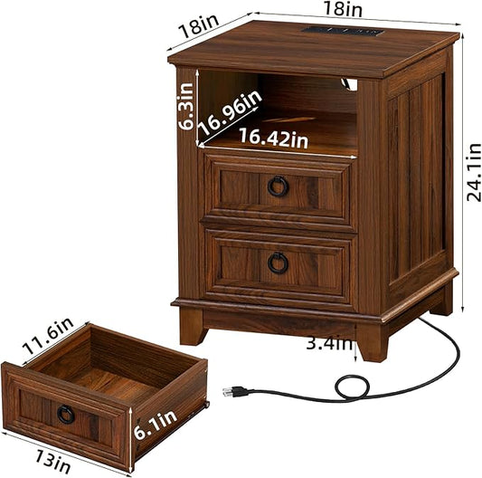 Joaxswe 18" Farmhouse Night Stand with Charging Station, 2 Drawers End Table Dresser for Bedroom, Brown Wooden Nightstand, Bed Side Table with Open Shelf, Bedside Cabinet for Living Room, Closet