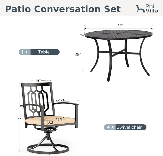 PHI VILLA 5 Pieces Outdoor Dining Set for 4, Round Metal Wrought Iron Table with Umbrella Hole & Swivel Metal Steel Chairs with Cushions, Large Modern Furniture for Patio, Deck, Backyard, Porch