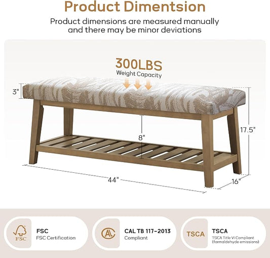 Entryway Bench with Cushion, Upholstered Shoe Rack Bench with Solid Wood Shelf, 44" End of Bed Bench for Bedroom, Chenille Fabric Storage Bench for Entryway, Hallway, Living Room (Textured Beige)