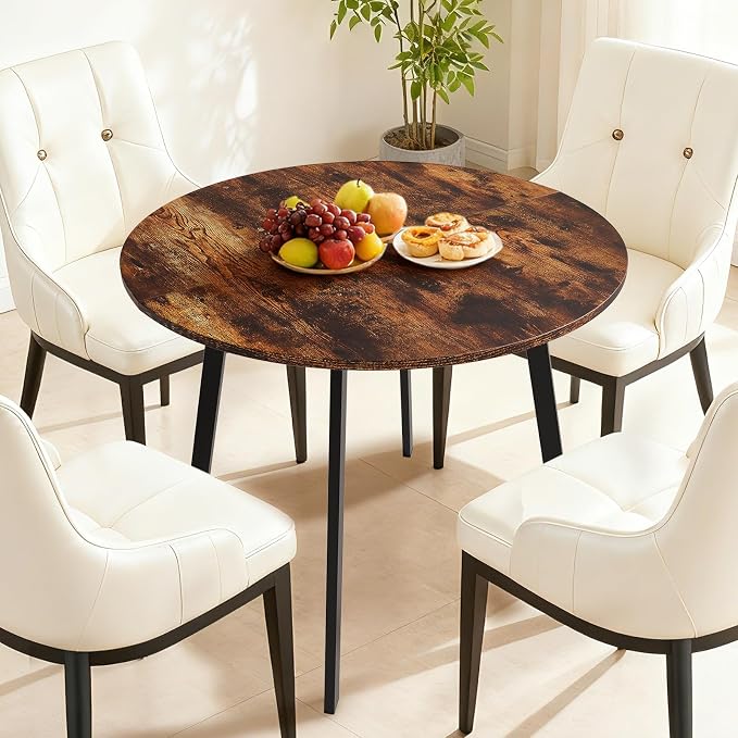 VINGLI Round Dining Table for 2-4, 35in Modern Dining Room Table with Metal Base, Brown Wooden Kitchen Table, Space-Saving, Small Space Circle Dinette for Home, Kitchen, Apartment