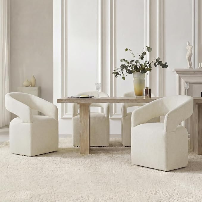 KISLOT Upholstered Dining Chairs Set of 2, Modern Arm Kitchen & Dining Room Chairs with Hidden Casters, Linen Fabric Padded Rolling Chairs, Sturdy Wood Frame, 300 lbs Capacity, Cream Beige