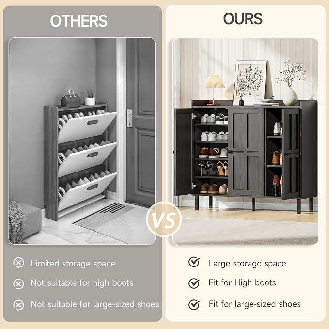 ONBRILL Shoe Cabinet with 3 Doors and Adjustable Shelves, 30 Pairs Shoe Storage Cabinet, 40 Inch Tall Farmhouse Shoe Rack Shoe Organizer Cabinet for Entryway Living Room Closet, Black