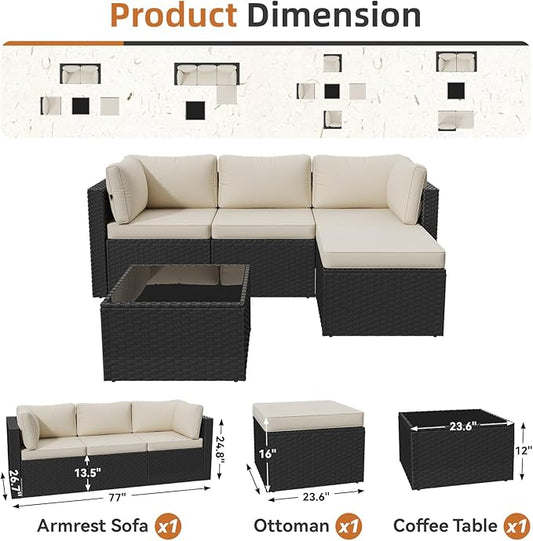 Aoxun Patio Furniture Set 5-Piece, Outdoor Sectional Sofas with Washable Cushion, Wicker Rattan Patio Conversation Sets for Backyard Porch and Poolside