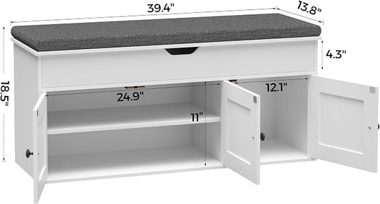 Homleke Shoe Storage Bench with Lift Top & 3 Barn Doors, Entryway Bench with Removable Cushion, Adjustable Shelf, Hidden Storage Cabinet for Hallway, Living Room, Bedroom - White