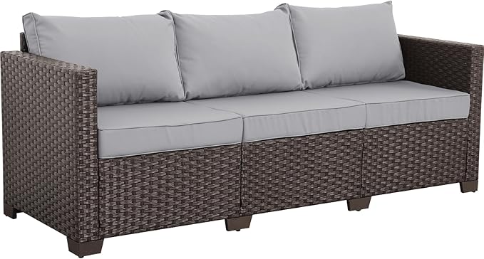 Rattaner Patio Furniture 3 Seat Sofa Outdoor Furniture Outdoor Couch Deep Seat High Backrest with Waterproof Cover Anti-Slip Cushions with Waterproof Cover, Light Grey