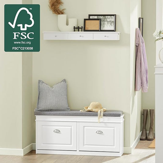 SoBuy White Storage Shoe Bench with 2 Flip Drawers, Hidden Shoe Bench, Free Standing Shoe Rack, Shoe Cabinet, Hallway Storage Bench with Seat Cushion FSR64-W