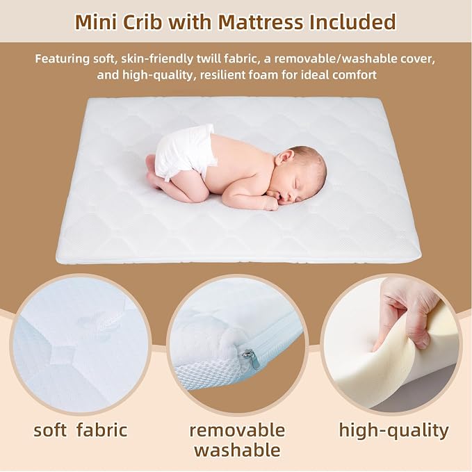 Flwrgirl Convertible Mini Baby Crib - Portable Bedside Bassinet with Mattress Included,3 Heights Baby Crib with Wheels for Small Room and Newborns 0-12 Months,White