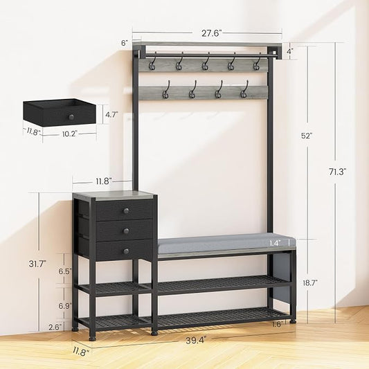 Itaar Coat Rack, Hall Tree with Bench and Shoe Storage, 7-in-1 Entryway Bench with Soft Cushion, Storage Bag, 3 Fabric Drawers(Grey)