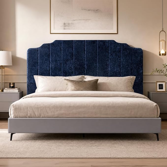 Twin Headboard Only - Blue Velvet Upholstered Headboard for Bed, No Assembly Required, Pure Sponge Design, Comfort Head Board, Place Between Bed & Wall, Vertical Stripe with Stepped Crown Top Edge