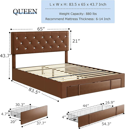 VECELO Queen Size Bed Frame with 3 Storage Drawers, Leather Upholstered with Diamond Tufted Headboard, Solid Wood Slat Support & Steel Framework, PU & Brown