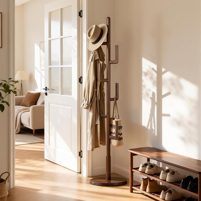 Coat Rack,Solid Wood Cactus Freestanding Coat RackWith 6 L-Shaped Hooks and 3 Adjustable Sizes,Coat Tree for Bedroom, Entryway, Livingroom, Coat Hanger Stand for Coats, Handbags (Walnut)